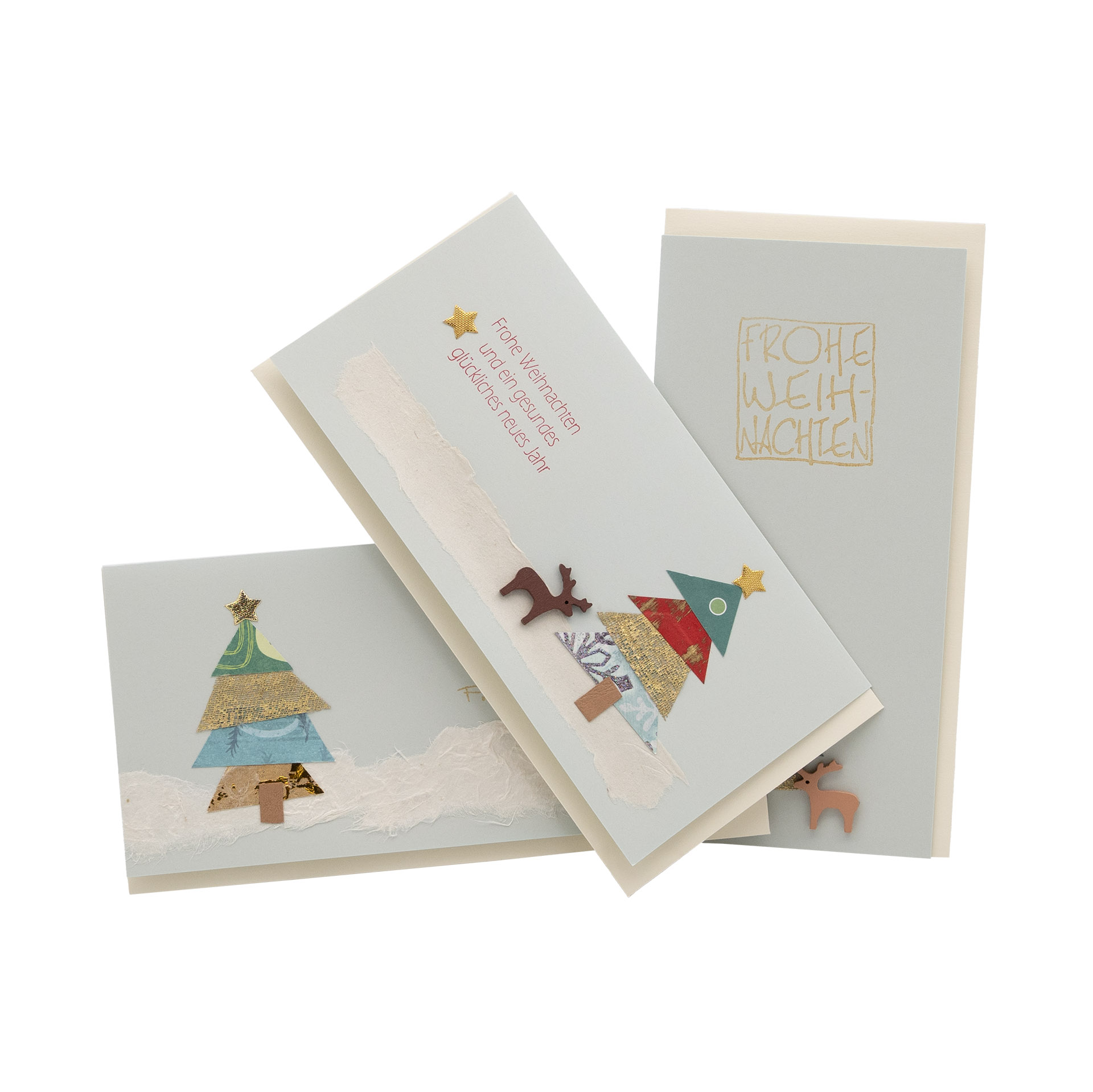 3er-Set Weihnachtskarten „Patchbäume“, grau