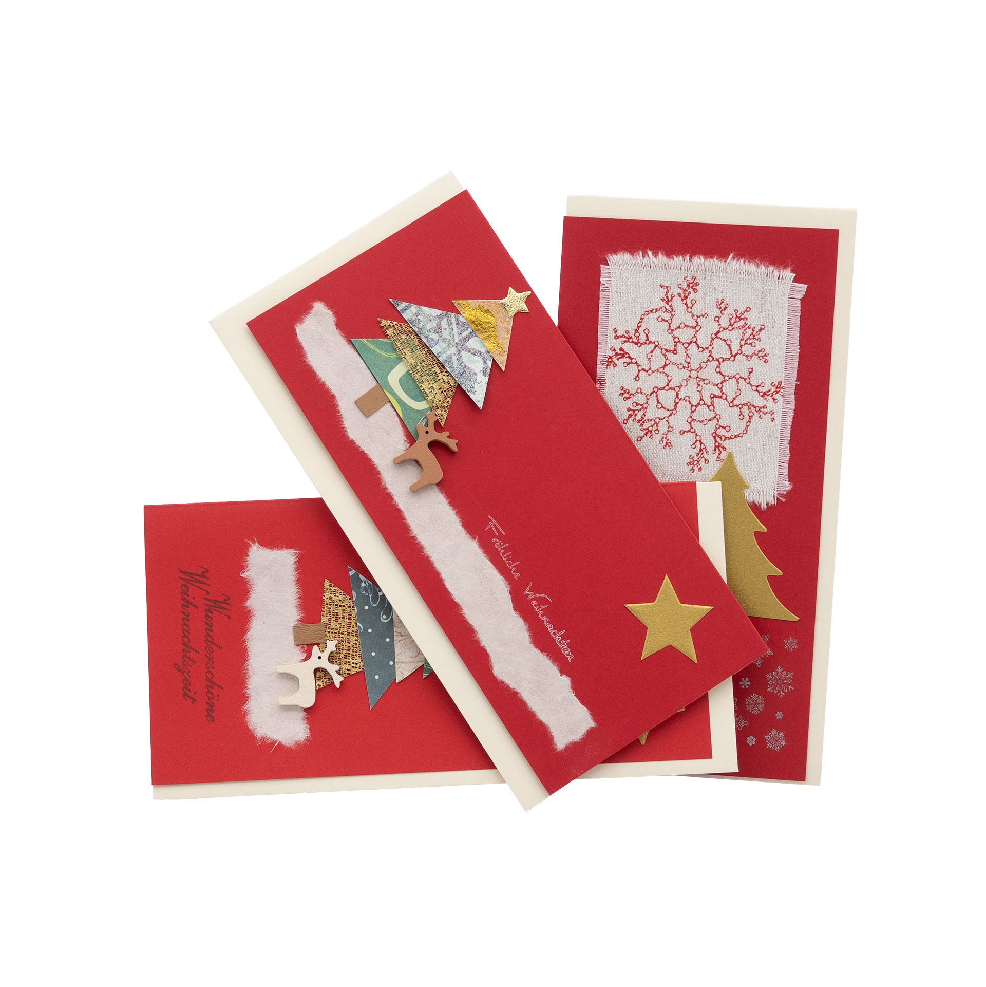 3er-Set Weihnachtskarten Tannen auf Rot